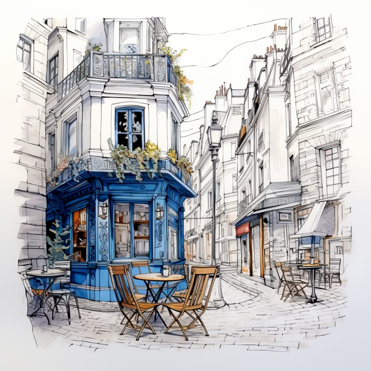 Charming European street with cozy cafe, blue facade, and outdoor seating on a picturesque cobblestone street.