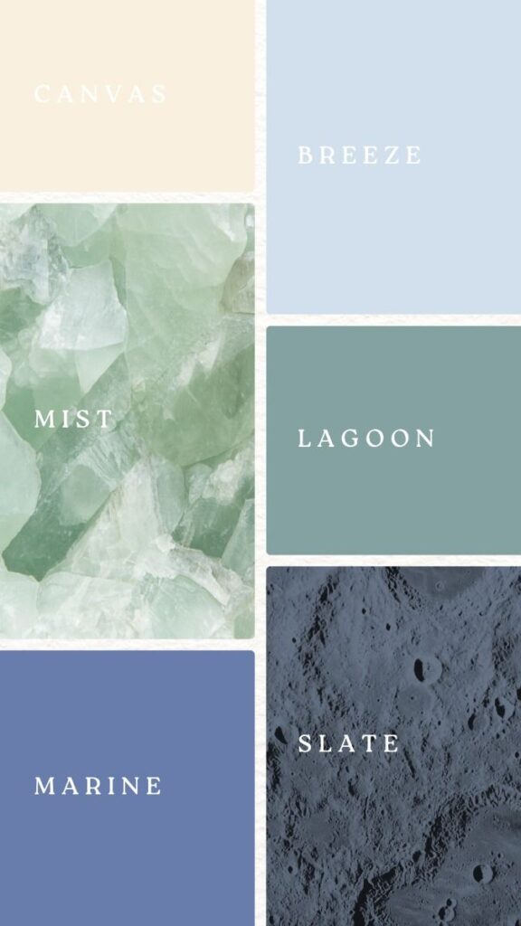 Color palette featuring Canvas, Breeze, Mist, Lagoon, Marine, and Slate shades for design inspiration.