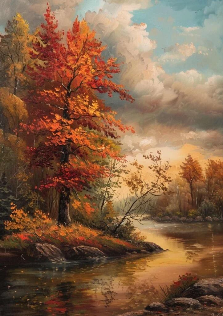 Autumn landscape with vibrant orange and red trees by a serene river under a dramatic cloudy sky.