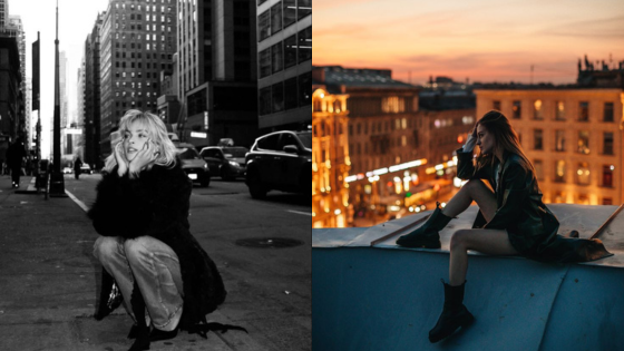 Two artistic city portraits: a woman crouching on a busy New York street and another gazing over a sunset-lit cityscape.