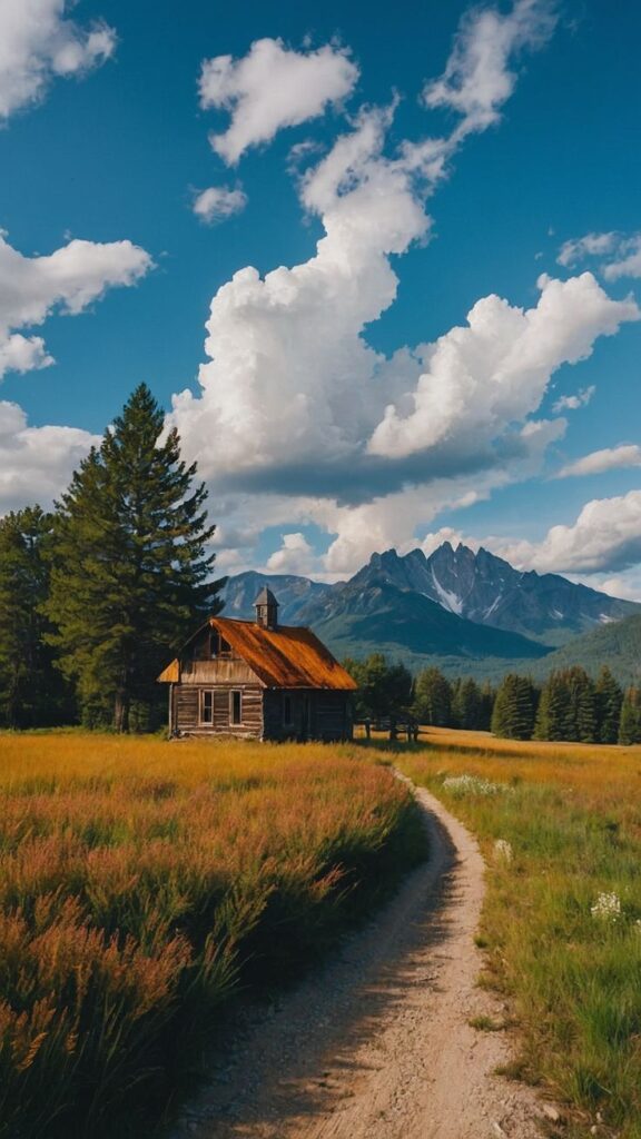 Scenic view of an old cabin in a meadow with mountains and clouds in the background, under a bright blue sky.