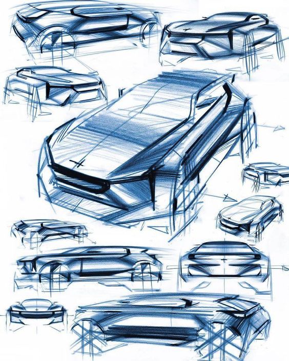 Conceptual car design sketches showcasing a sleek, futuristic vehicle from various angles and perspectives in blue lines.