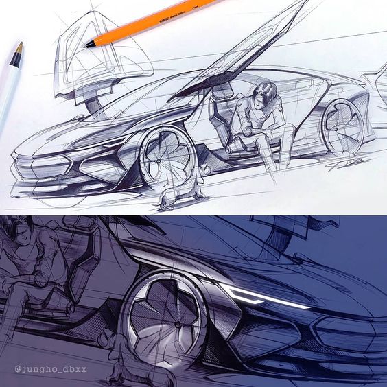 Concept car sketch with a futuristic design featuring gullwing doors, a person inside, and detailed wheel elements.