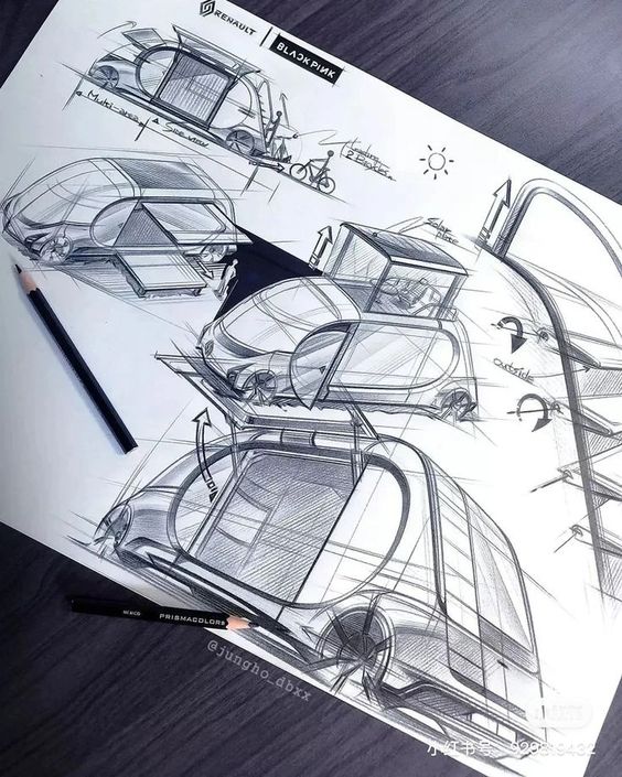 Concept sketches of a futuristic vehicle design by Renault with various perspectives and technical details, featuring pencils.