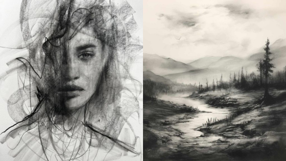 Abstract charcoal portrait and serene landscape drawing, showcasing artistic contrast and emotional depth.