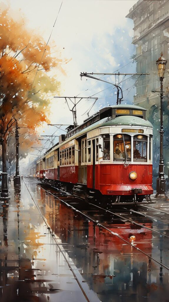 Vintage tram on a rainy street with autumn trees, reflecting in wet pavement. Cozy and nostalgic urban scene.