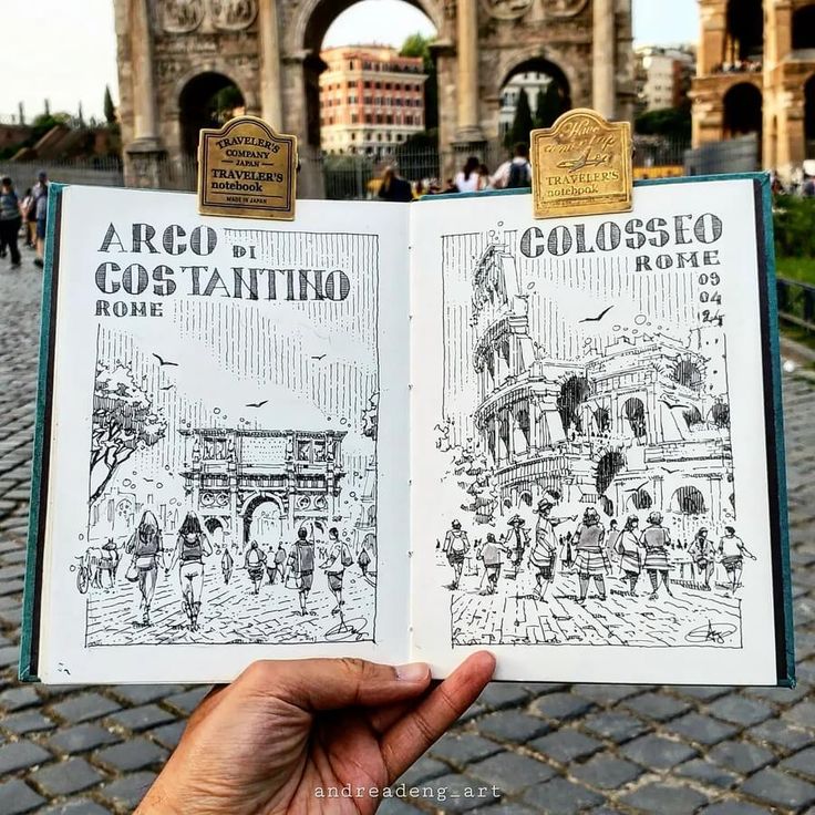 Sketches of Rome's Colosseum and Arch of Constantine held in front of the real arches in Italy.