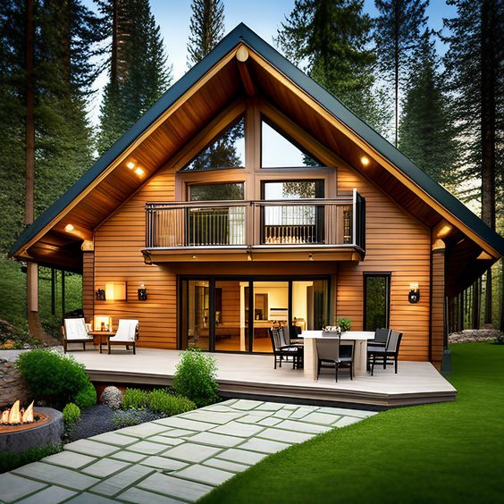 Cozy cabin with large windows in a forest setting, featuring a spacious deck and outdoor seating area.