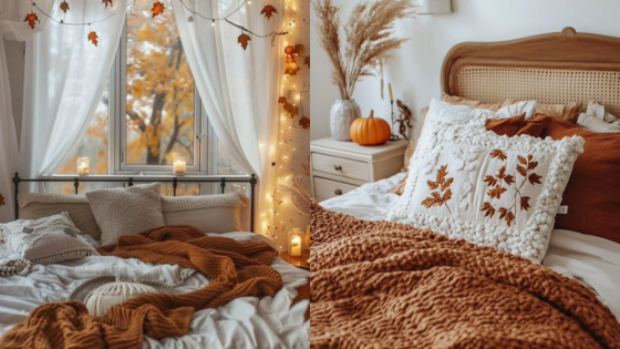 Cozy autumn-themed bedroom with warm blankets, fall decor, and soft lighting, creating a serene and inviting ambiance.