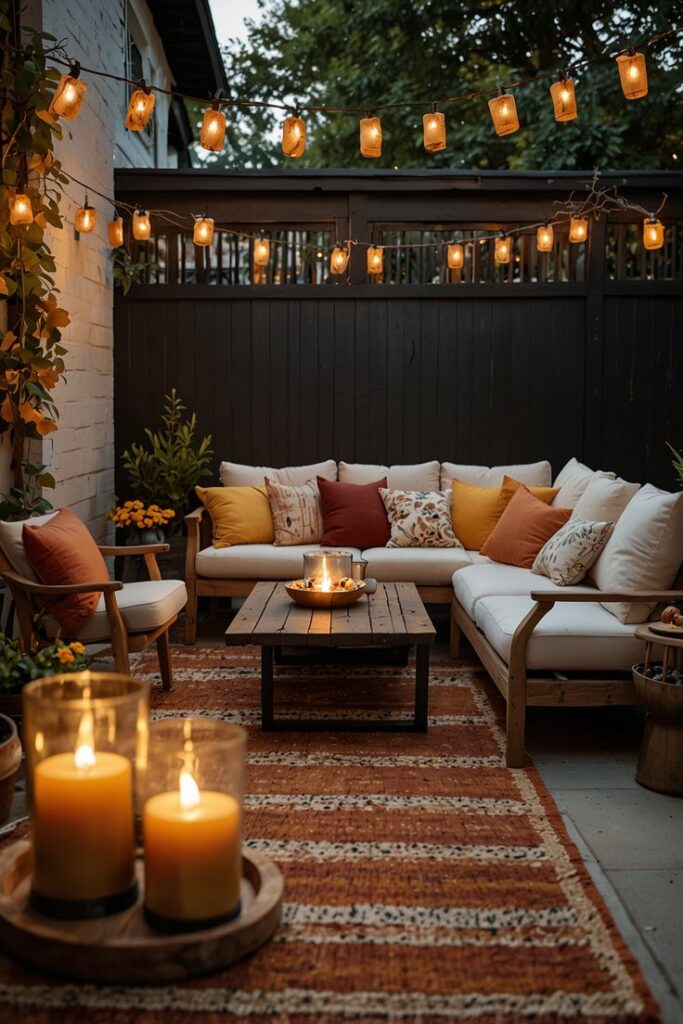 Cozy patio with string lights, candles, and a comfy sectional sofa with colorful pillows, perfect for evening relaxation.