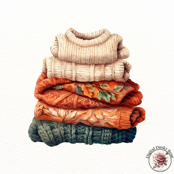 Stack of cozy autumn sweaters in warm colors with leaf patterns, perfect for fall fashion and style inspiration.