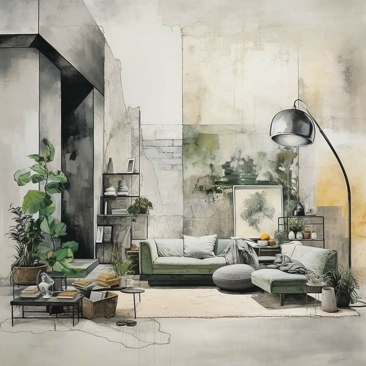 Modern living room with green sofas, plants, and abstract art for a cozy, stylish atmosphere.