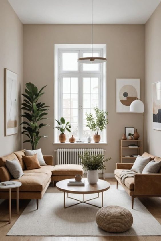 Modern living room with beige sofas, indoor plants, round coffee table, and natural light from a large window.