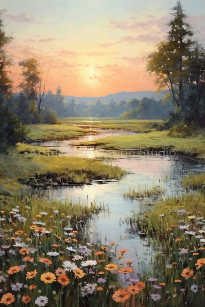 A serene sunrise over a blooming meadow, reflecting on a tranquil stream surrounded by lush greenery and vibrant flowers.