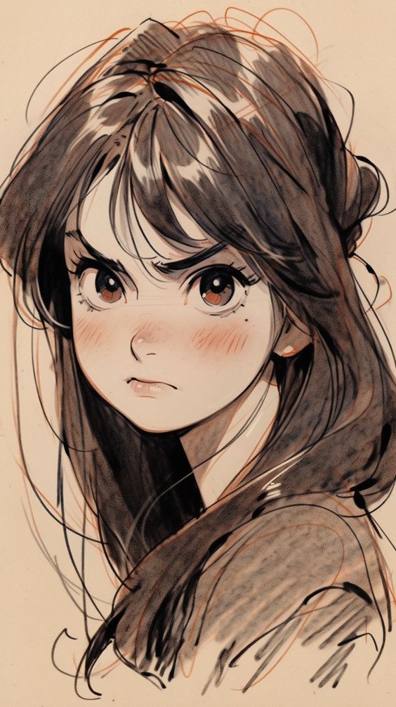 Anime-style portrait of a young girl with long hair and intense expression, featuring detailed linework and shading.