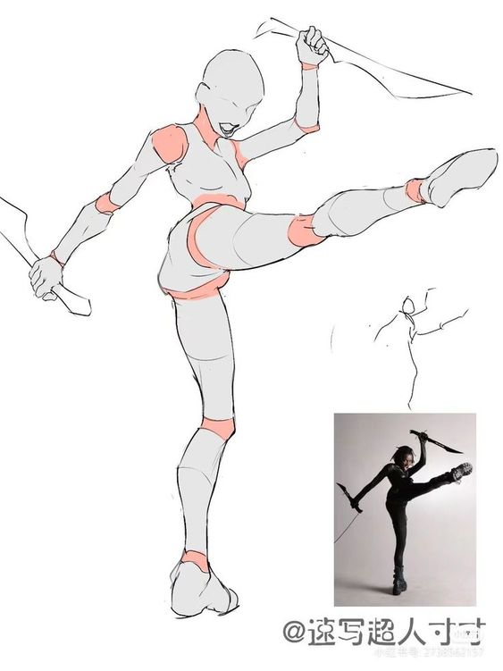 Dynamic martial arts pose sketch with reference photo inset, highlighting action and form.