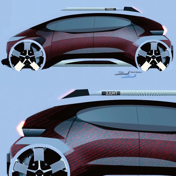 Futuristic car design with sleek lines and large alloy wheels, showcasing innovative automotive style.