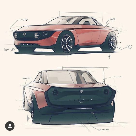 Concept car sketch with front and rear views, displaying sleek red design and aerodynamic features.