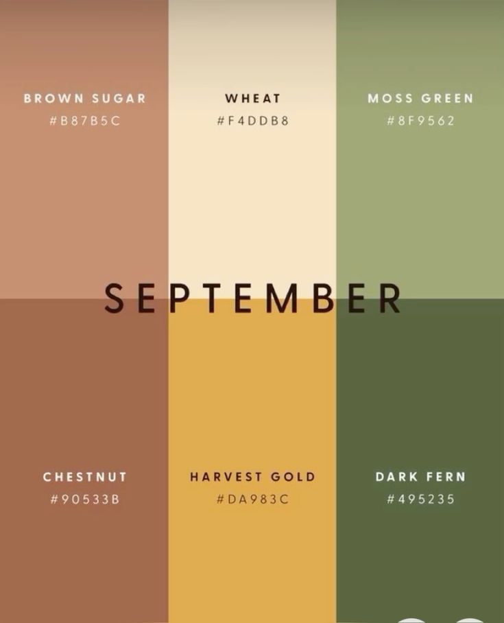 September color palette with shades: Brown Sugar, Wheat, Moss Green, Chestnut, Harvest Gold, Dark Fern.