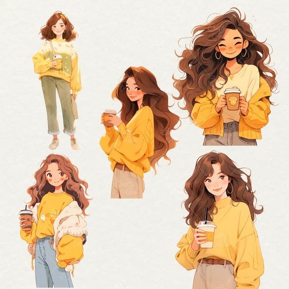 Illustrated women in yellow sweaters holding coffee cups, styled with wavy brown hair, showcasing casual autumn fashion.