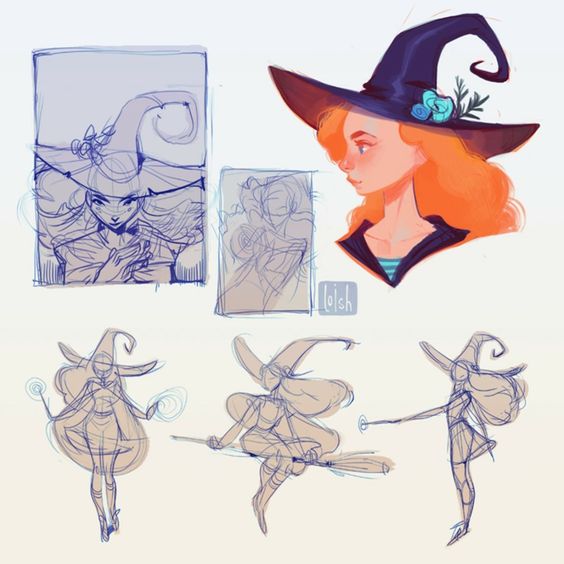 Illustration of a witch character design, featuring sketches and colorful witch hat with orange hair.