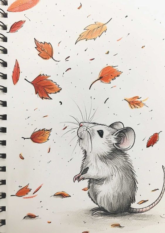 Illustration of a cute mouse observing falling autumn leaves; whimsical and charming nature scene.