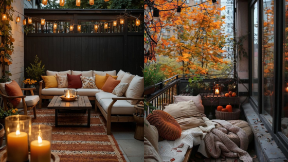 Cozy autumn patio with warm lighting, candles, and comfy seating adorned with orange and yellow pillows and blankets.