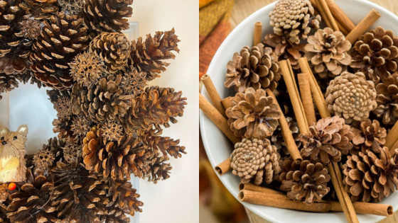 Pinecone wreath and bowl of mini pinecones with cinnamon sticks for fall decor.