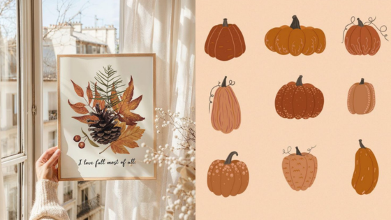 Autumn artwork with leaves and pinecone in frame, alongside illustrated pumpkins on beige background. Cozy fall decor.