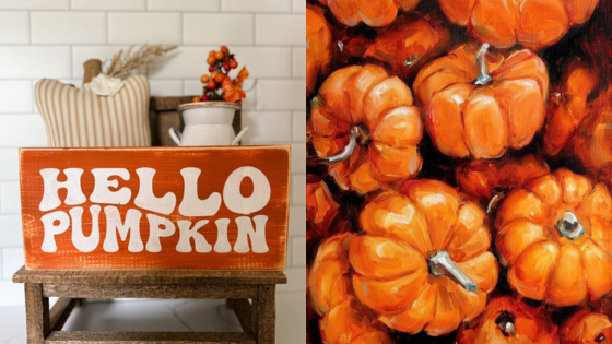 Autumn decor with Hello Pumpkin sign and a vibrant display of orange pumpkins. Perfect for fall festivities.