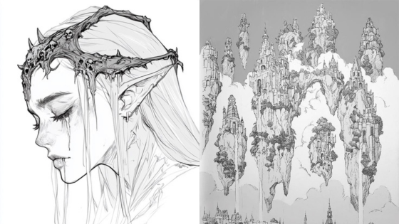 Fantasy sketch of an elf with a detailed crown and floating castles in a mystical landscape.