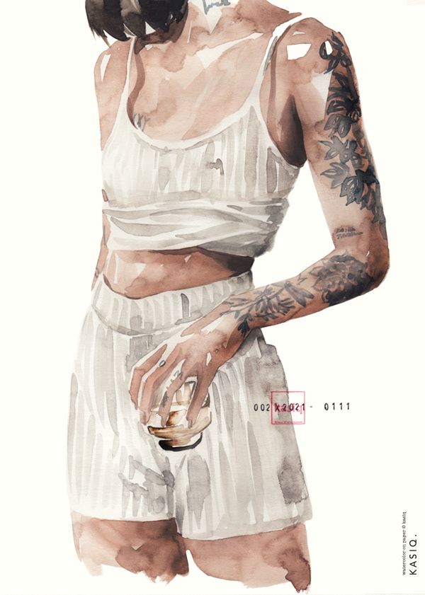 Watercolor portrait of a woman with floral tattoos, wearing a white outfit, holding a glass. Minimalist art style.