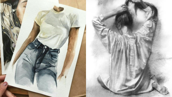 Stylish fashion and portrait sketches showcasing a casual outfit and a seated figure adjusting hair.