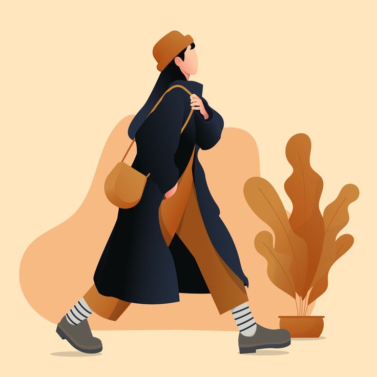 Illustration of a stylish person walking, wearing a hat and coat, with a potted plant in the background.