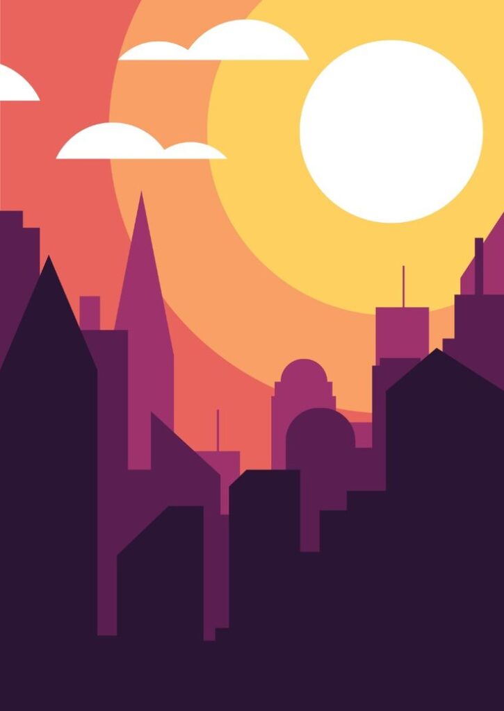 Abstract cityscape with a vibrant sunset, bold silhouettes of buildings, and clouds in the sky.