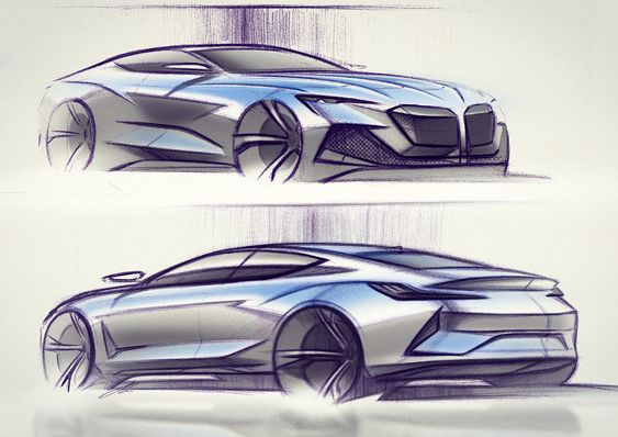 Concept sketch of a sleek, modern sports car design, showcasing front and rear views with aerodynamic lines.