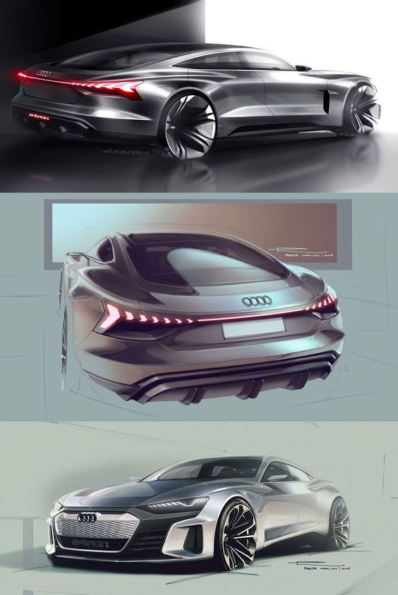 Futuristic Audi car concept sketches showcasing sleek design and innovative styling elements.