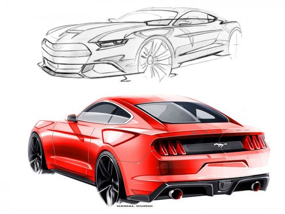 Concept sketch and final rendering of a sleek red sports car with modern design elements, showcasing front and rear perspectives.