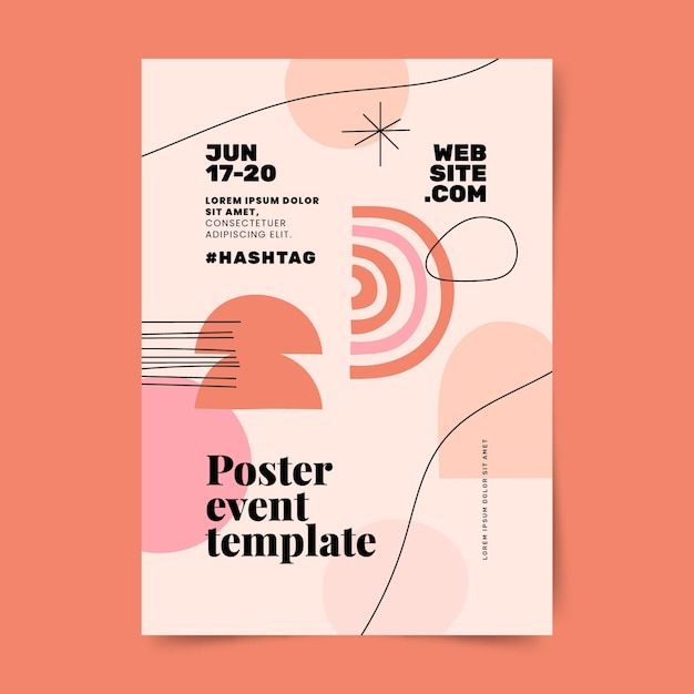 Abstract event poster template with geometric shapes, date Jun 17-20, and space for website and hashtag info.