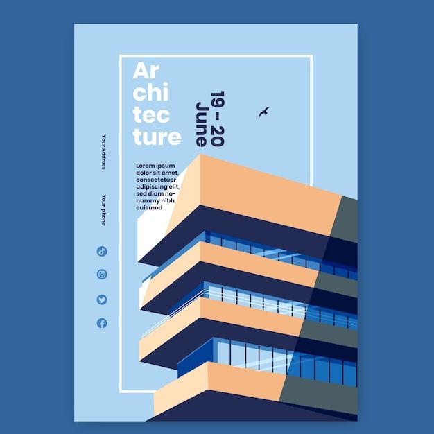 Modern architectural event poster, blue and beige design, dates June 19-20, abstract building graphics.