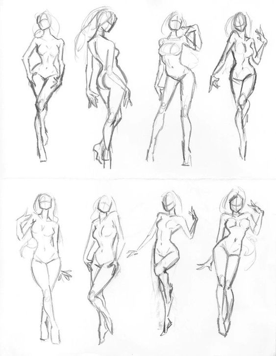 Pencil sketch of eight fashion figure poses, showing dynamic and stylish gestures in line art.