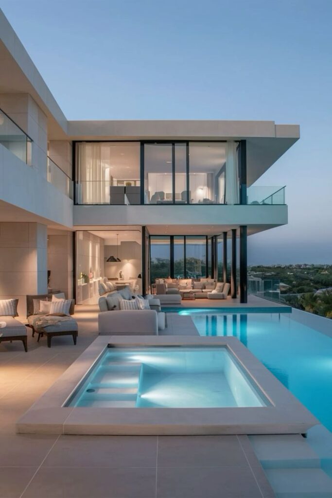 Modern luxury villa with a glass facade, infinity pool, and patio area at sunset.