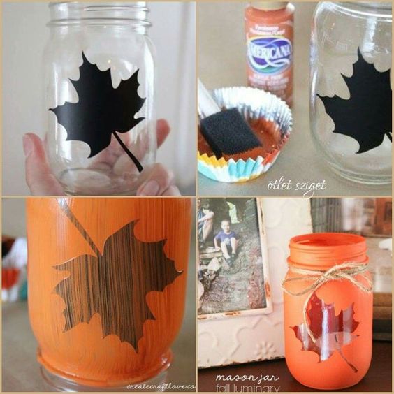 DIY fall craft: Painted mason jar with maple leaf silhouette for autumn decor.