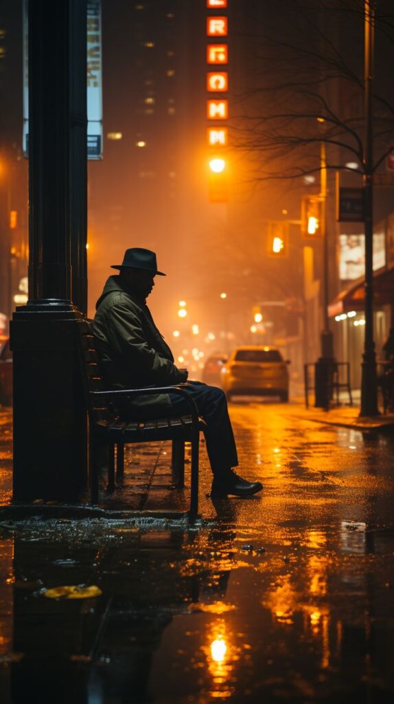 Silhouette of a man in a hat on a rainy city street at night, illuminated by orange streetlights.