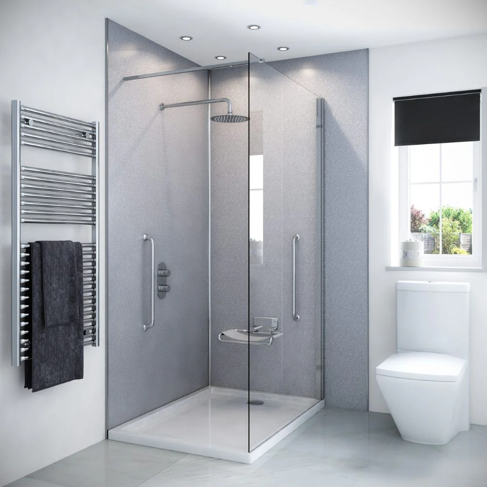 Modern bathroom with glass shower enclosure, rain showerhead, and sleek design elements.