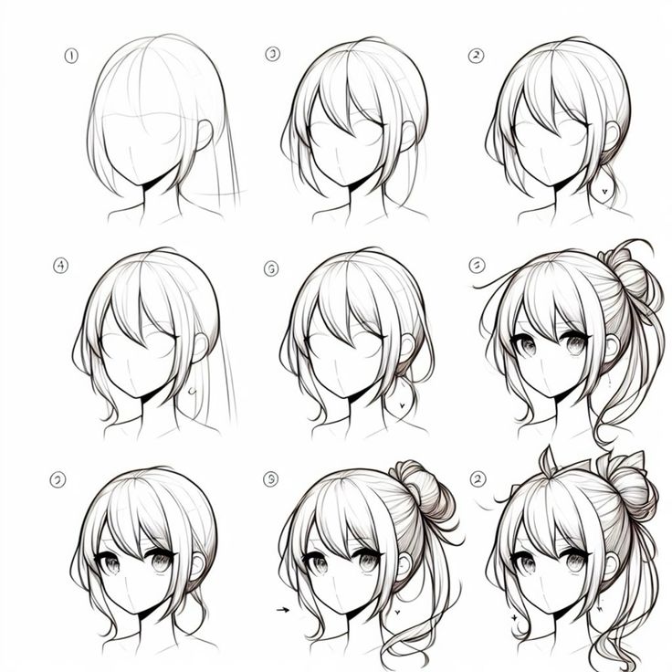 Step-by-step guide to drawing nine different anime hairstyles, showcasing diverse looks and styles.