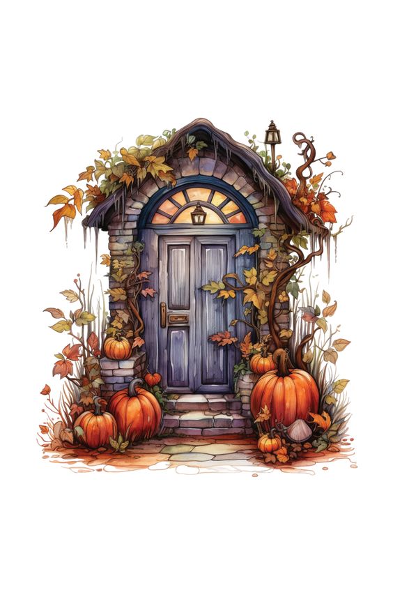 Whimsical autumn door with pumpkins and ivy, inviting fall decor and seasonal charm.