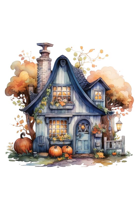 Cozy cottage with autumn decor and pumpkins, surrounded by colorful fall trees, creating a warm and inviting atmosphere.