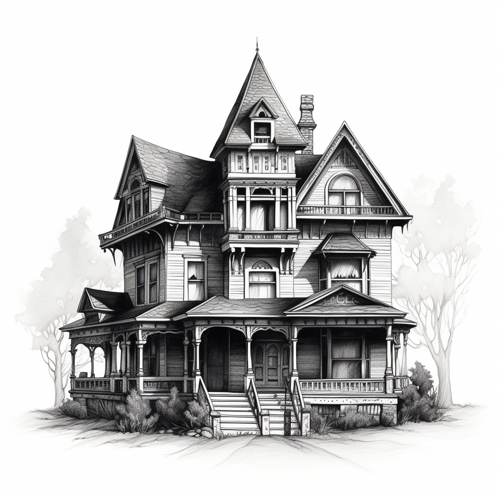 Black-and-white drawing of a Victorian house, featuring ornate gables and a wraparound porch.