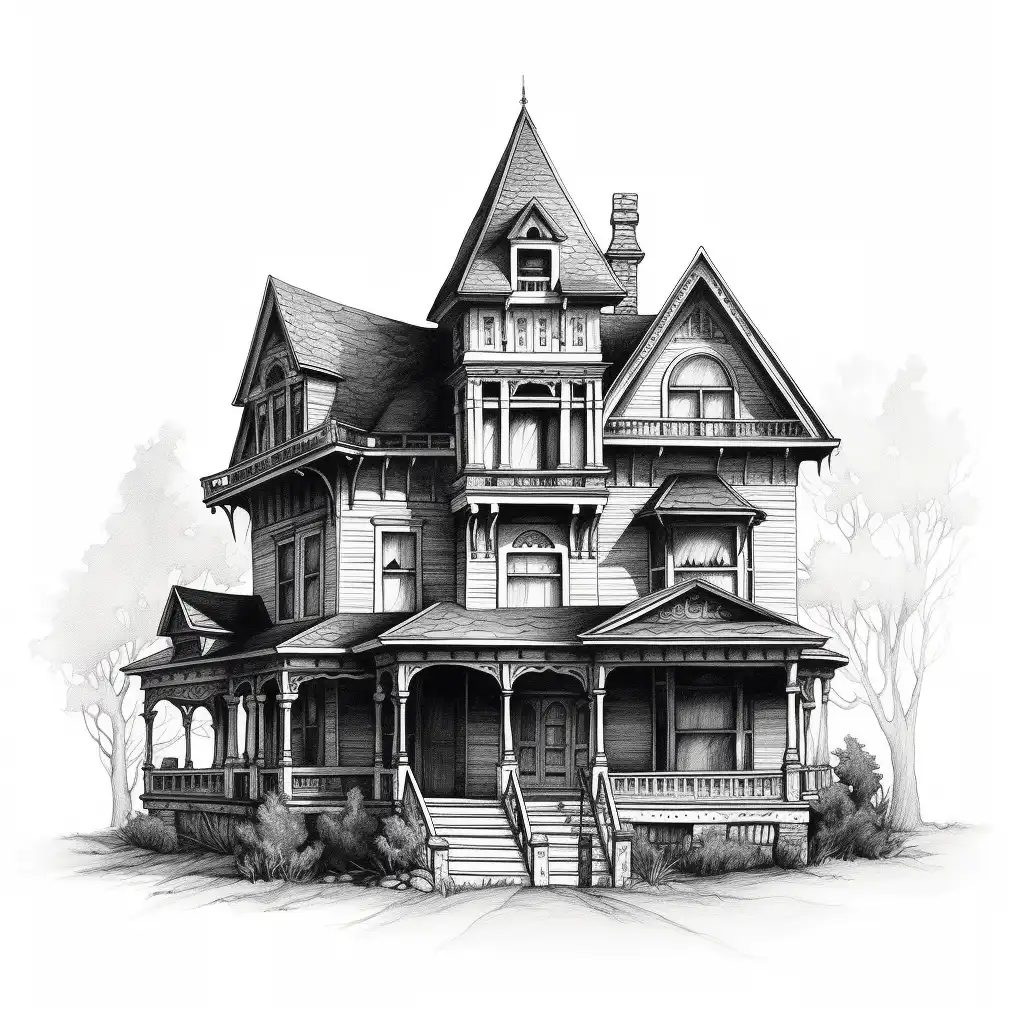 Halloween Haunted House DrawingHalloween Haunted House Drawing1 Black-and-white drawing of a Victorian house, featuring ornate gables and a wraparound porch. | Sky Rye Design Black-and-white drawing of a Victorian house, featuring ornate gables and a wraparound porch.